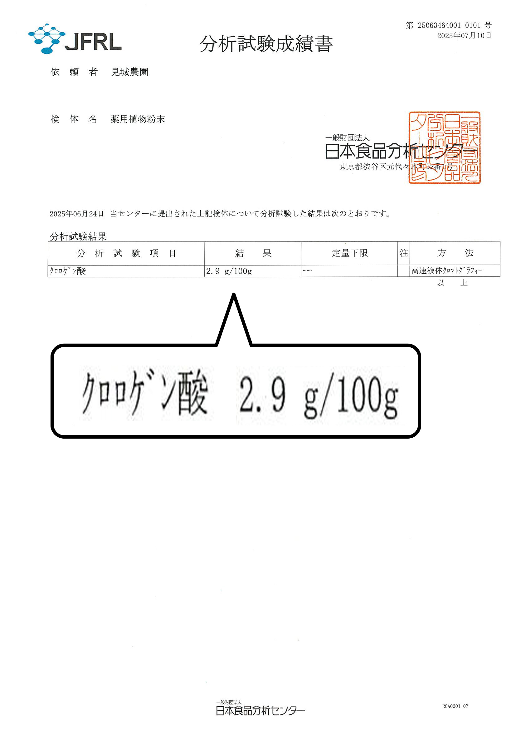 分析試験成績書